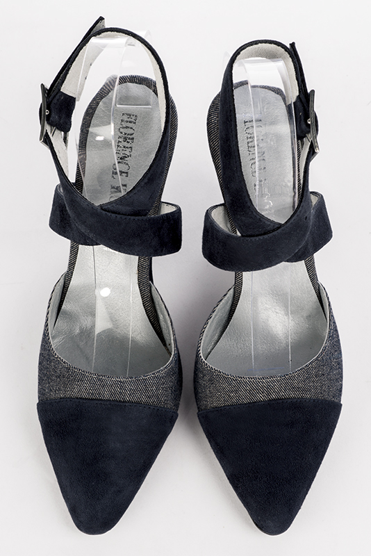 Navy blue women's open back shoes, with crossed straps. Tapered toe. High wedge heels. Top view - Florence KOOIJMAN